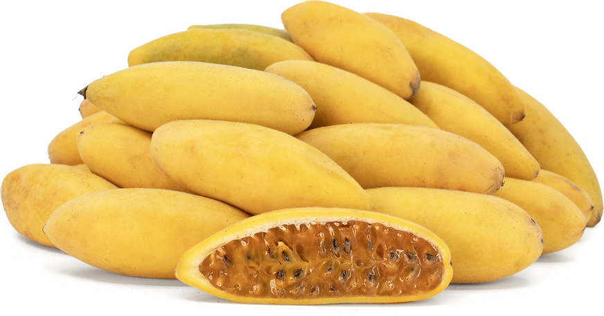 Banana passion fruit curuba variety showing elongated yellow shape resembling small banana, rare specialty fruit grown in Kenya