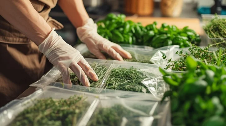 Fresh herbs being sorted and packed for export from Kenya