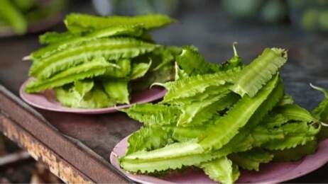 Fresh winged beans with distinctive four-angled pods showing market pricing structure