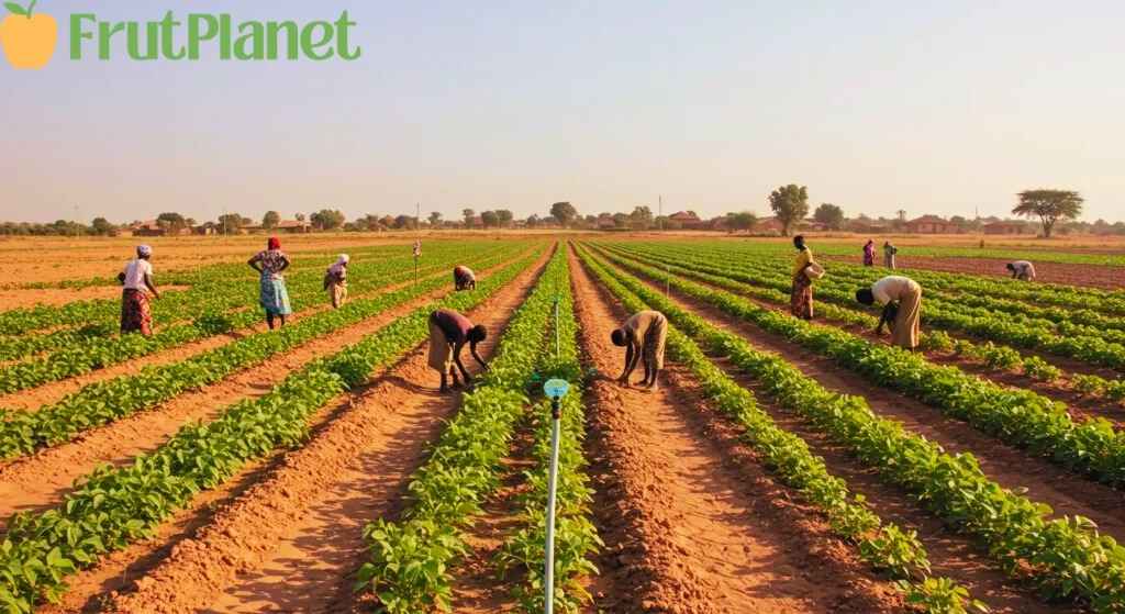 Kenyan smallholder farmers practicing climate-smart sustainable agriculture with terraced fields soil conservation water harvesting demonstrating FrutPlanet environmental responsibility landscape restoration regenerative farming