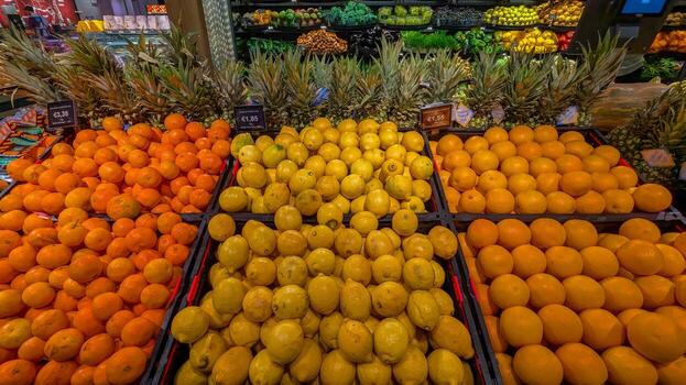 Malta and Kinnow fresh market retail display showing commercial presentation consumer selection availability price positioning citrus varieties vendor stalls