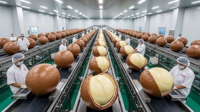 Modern macadamia processing facility featuring automated sorting equipment color sorters moisture analyzers and advanced cracking systems that achieve superior kernel recovery rates while maintaining premium quality standards for international export