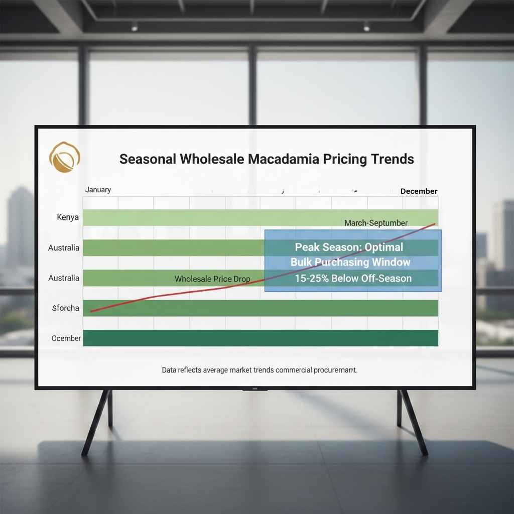 Seasonal wholesale macadamia pricing trends calendar visualization displaying harvest periods across major producing regions Kenya Australia and South Africa with corresponding price fluctuation patterns showing optimal bulk purchasing windows during peak season March through September when wholesale rates drop fifteen to twenty-five percent below off-season pricing