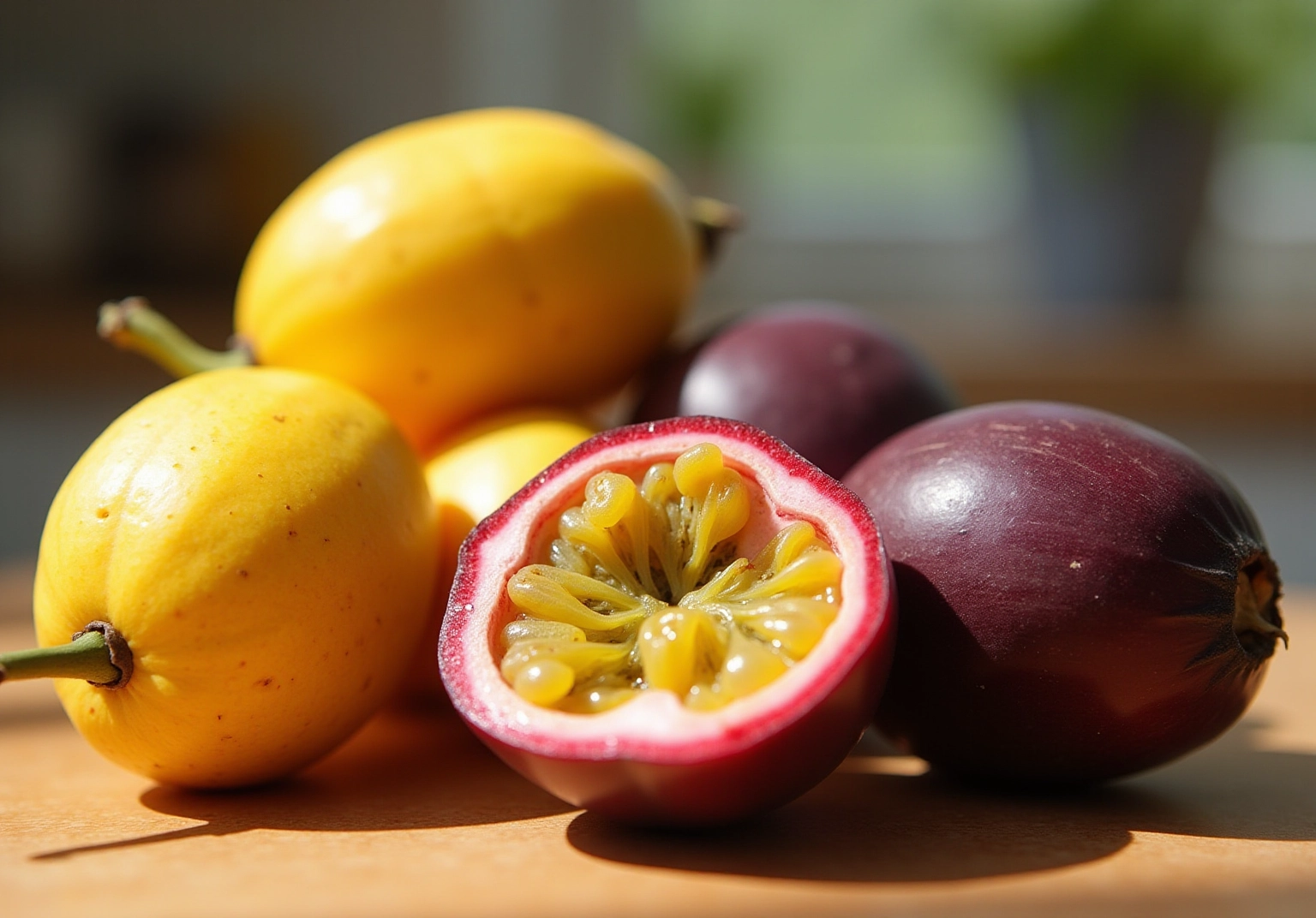 Side by side comparison of purple and yellow passion fruit varieties showing size and color differences in Kenyan cultivation