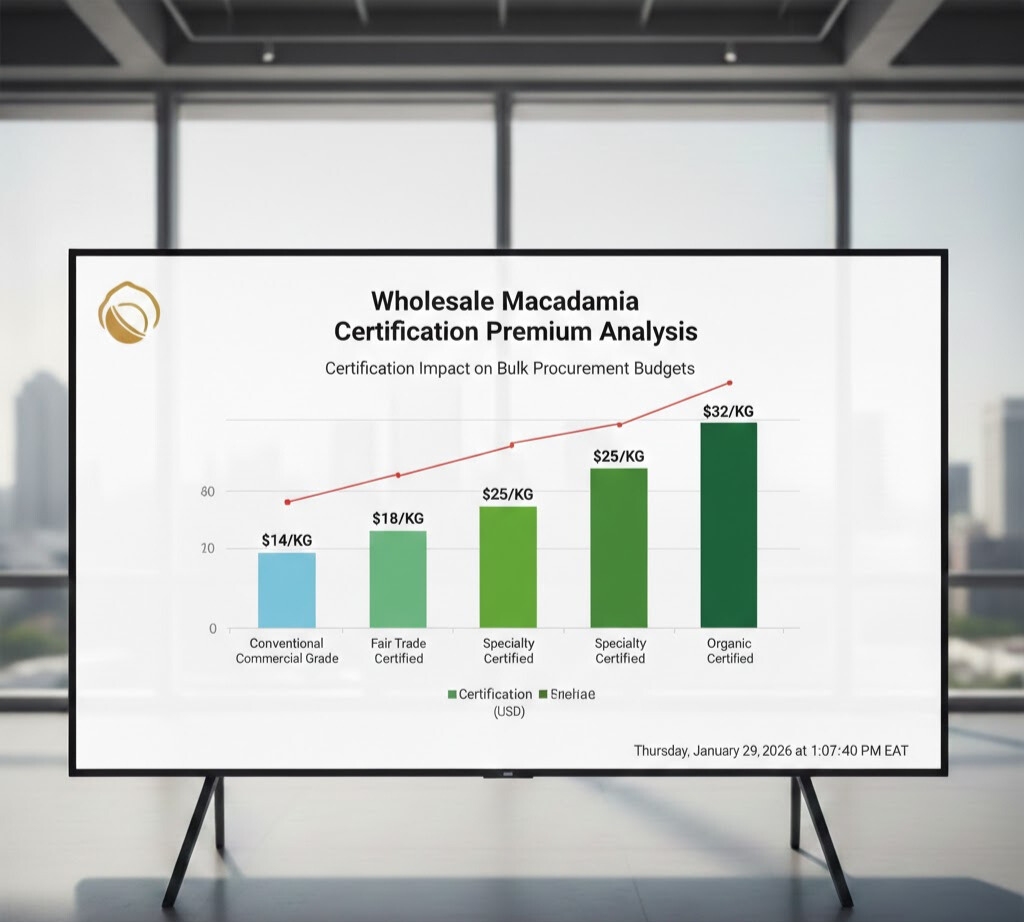 Wholesale macadamia certification premium analysis comparing conventional organic fair trade and specialty certified kernel pricing showing cost differentials ranging from fourteen dollars per kilogram for standard commercial grades to thirty-two dollars per kilogram for certified organic demonstrating how various certifications impact bulk wholesale procurement budgets