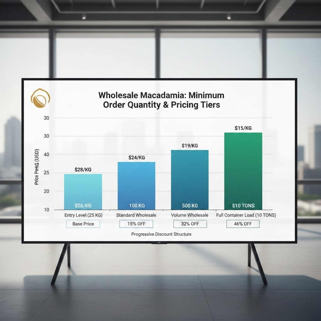 Wholesale macadamia minimum order quantity breakdown chart illustrating pricing tiers from entry level twenty-five kilogram orders through standard wholesale hundred kilogram purchases to volume wholesale five hundred kilogram commitments and full container load ten ton direct import options showing progressive discount structures for commercial procurement