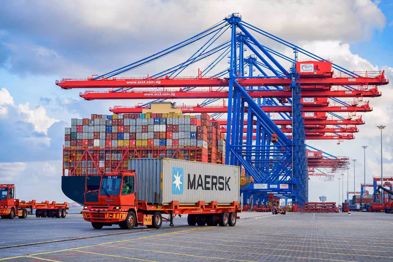 Container loading at Port Said, Egypt — the primary export gateway for Egyptian dried basil shipments to Europe, the USA, and the Middle East
