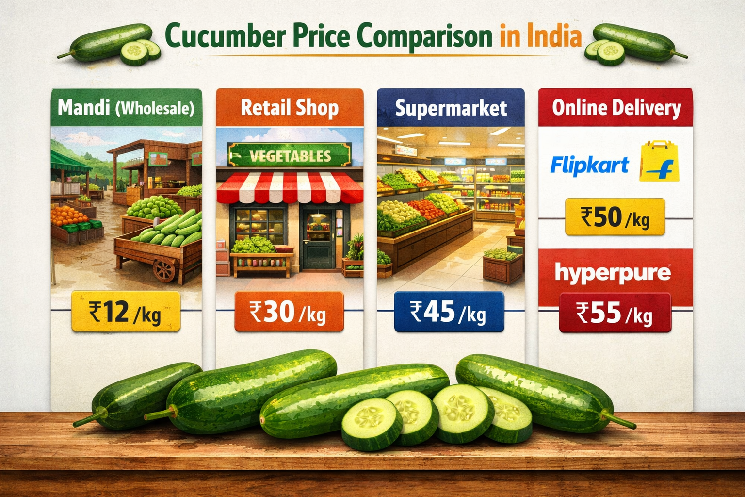 India cucumber price channel comparison showing mandi wholesale retail supermarket online delivery Flipkart Hyperpure